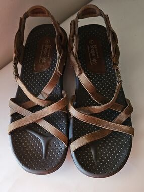 SKECHERS SHAPE UP BROWN STRAPPY LEATHER SANDALS SZ 9